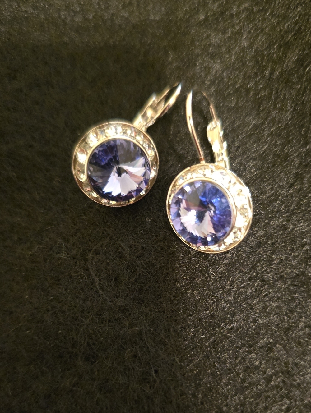 Silver Drop Earrings with Blue Crystal Center with Rhinestone around Center